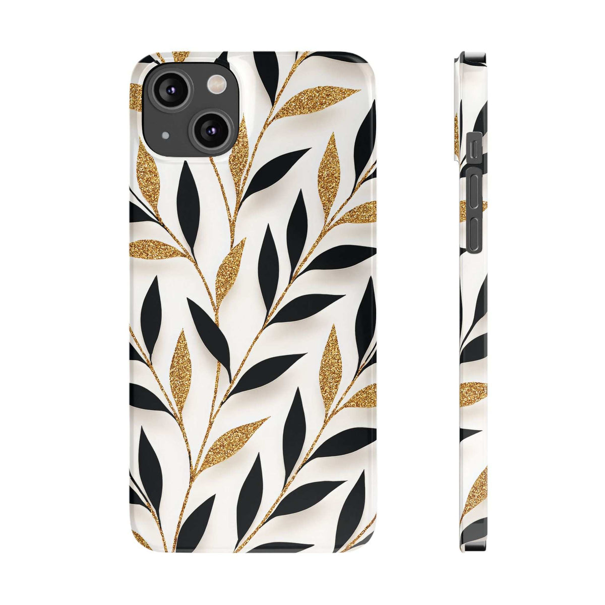 White phone case with black botanical leaves and gold speckled accents; front and side angles.