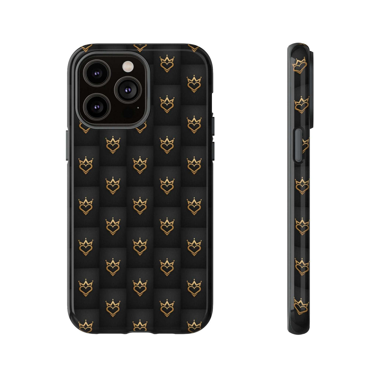 Glossy dark phone case with repeating gold crown heart doodles, side view and camera cutouts