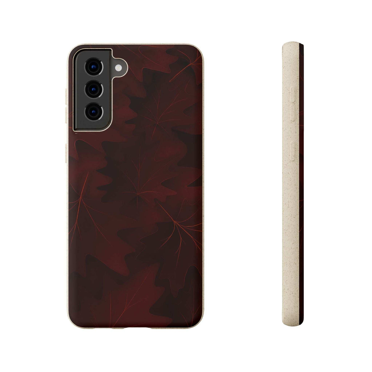 Phone case with dark red leaf pattern and beige border, showing rear camera module