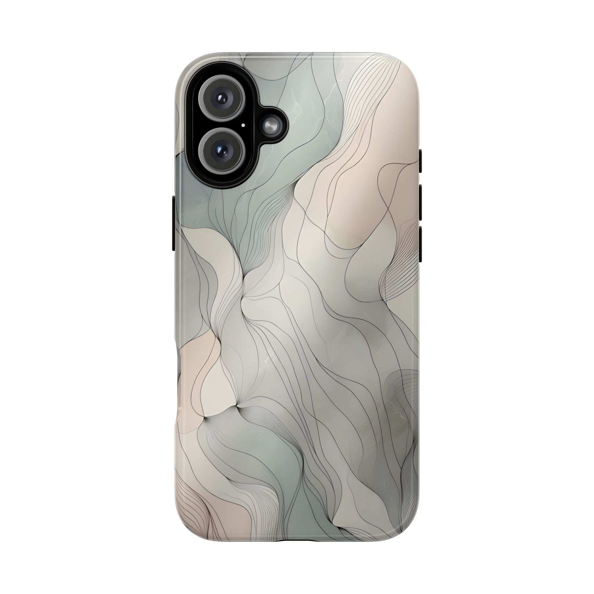 Pastel wave phone case with beige and blue-gray flowing lines, dual camera cutouts