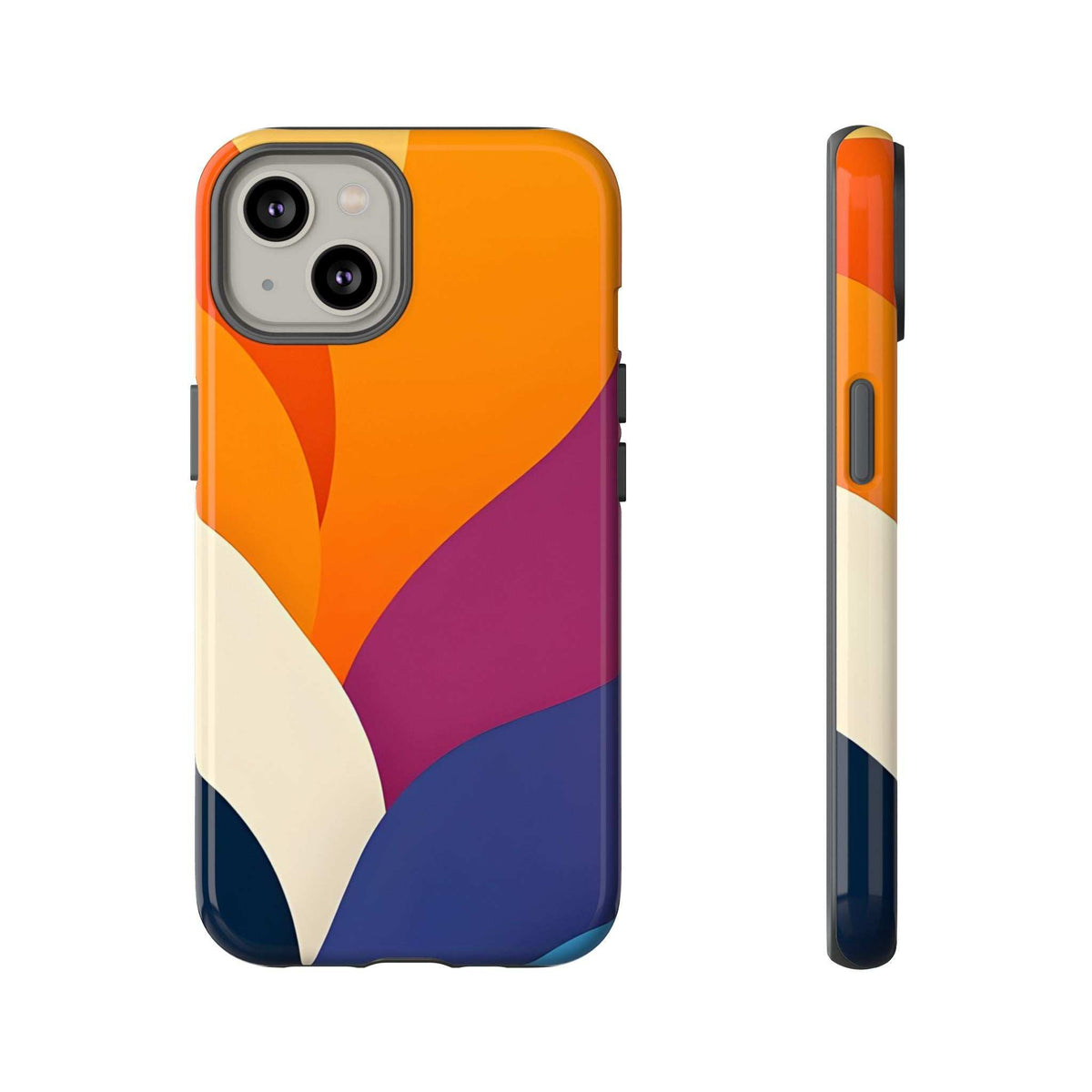 Abstract phone case angled view: orange and magenta waves with navy and cream sections.