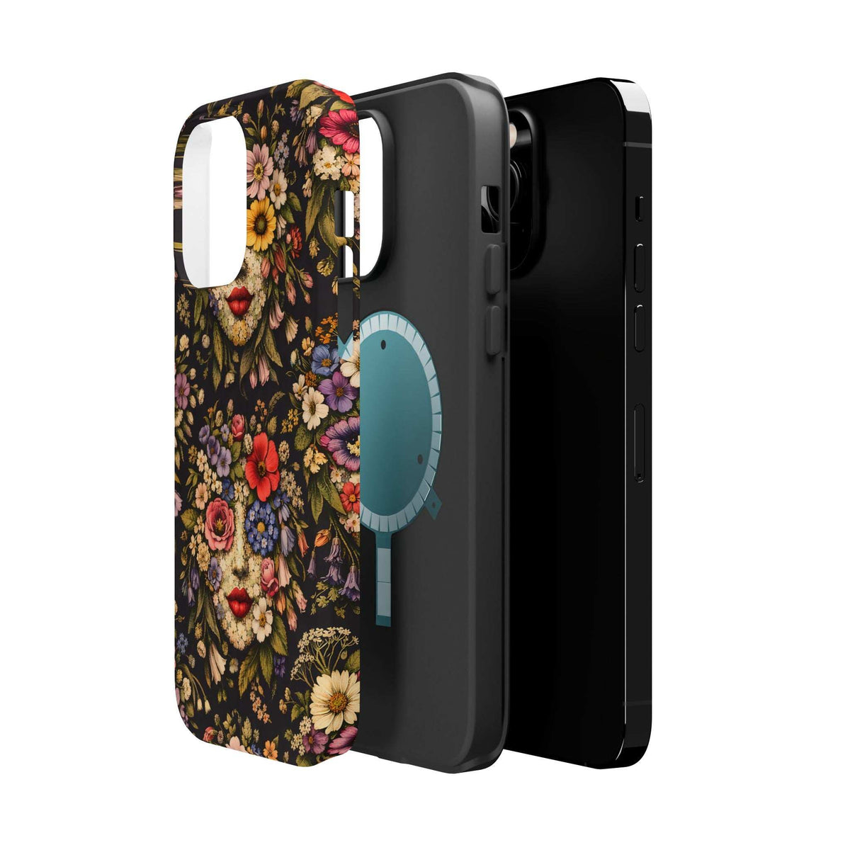 Floral face phone case with dark background, side view and camera cutouts