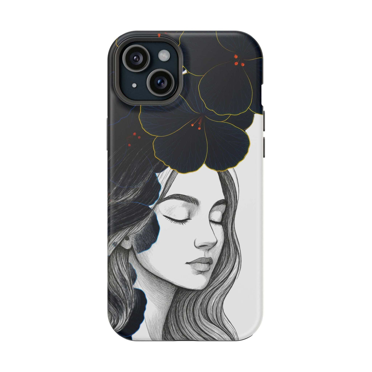 Dark floral phone case featuring a woman face illustration with blue flower details