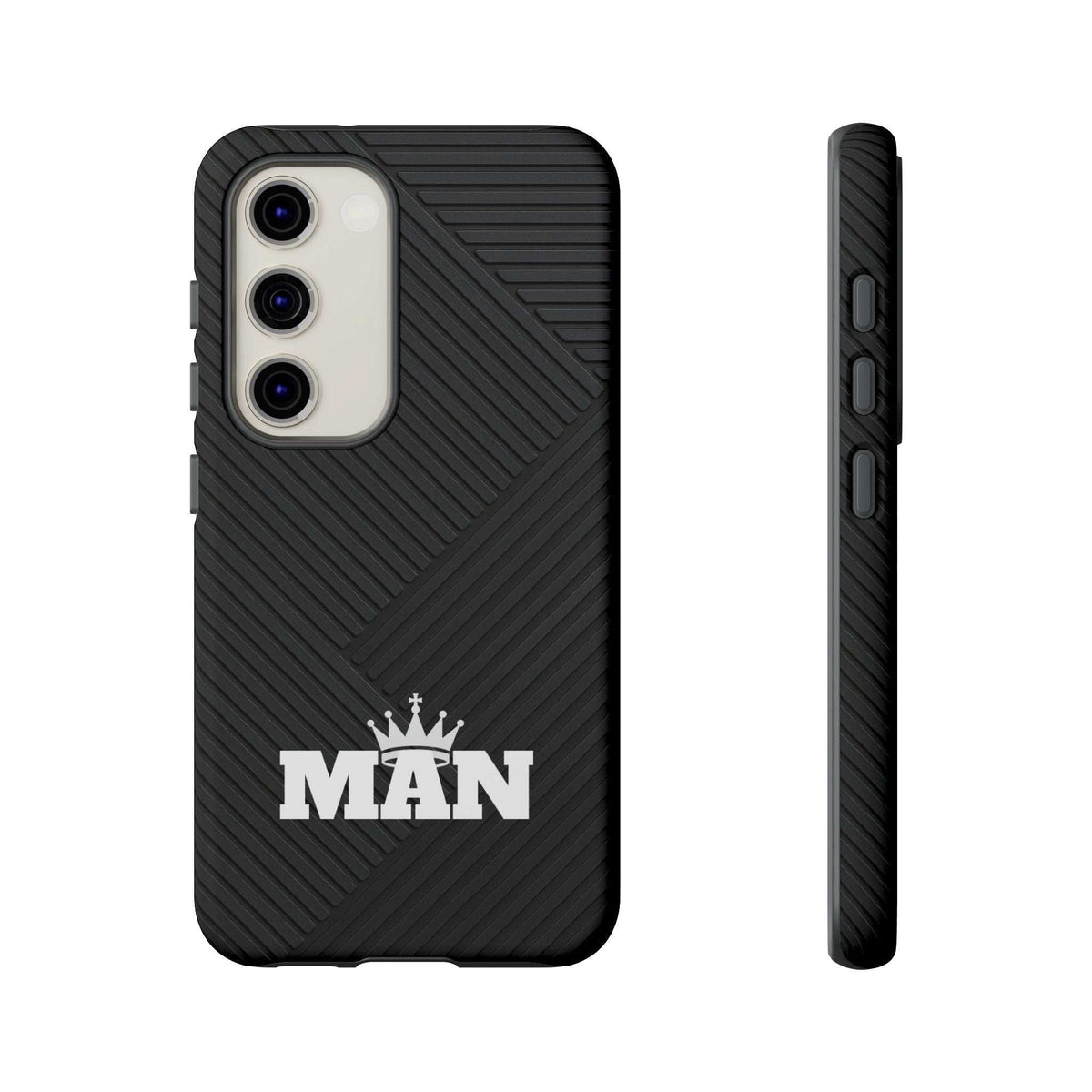Black MAN logo phone case featuring textured diagonal grooves and raised camera area.