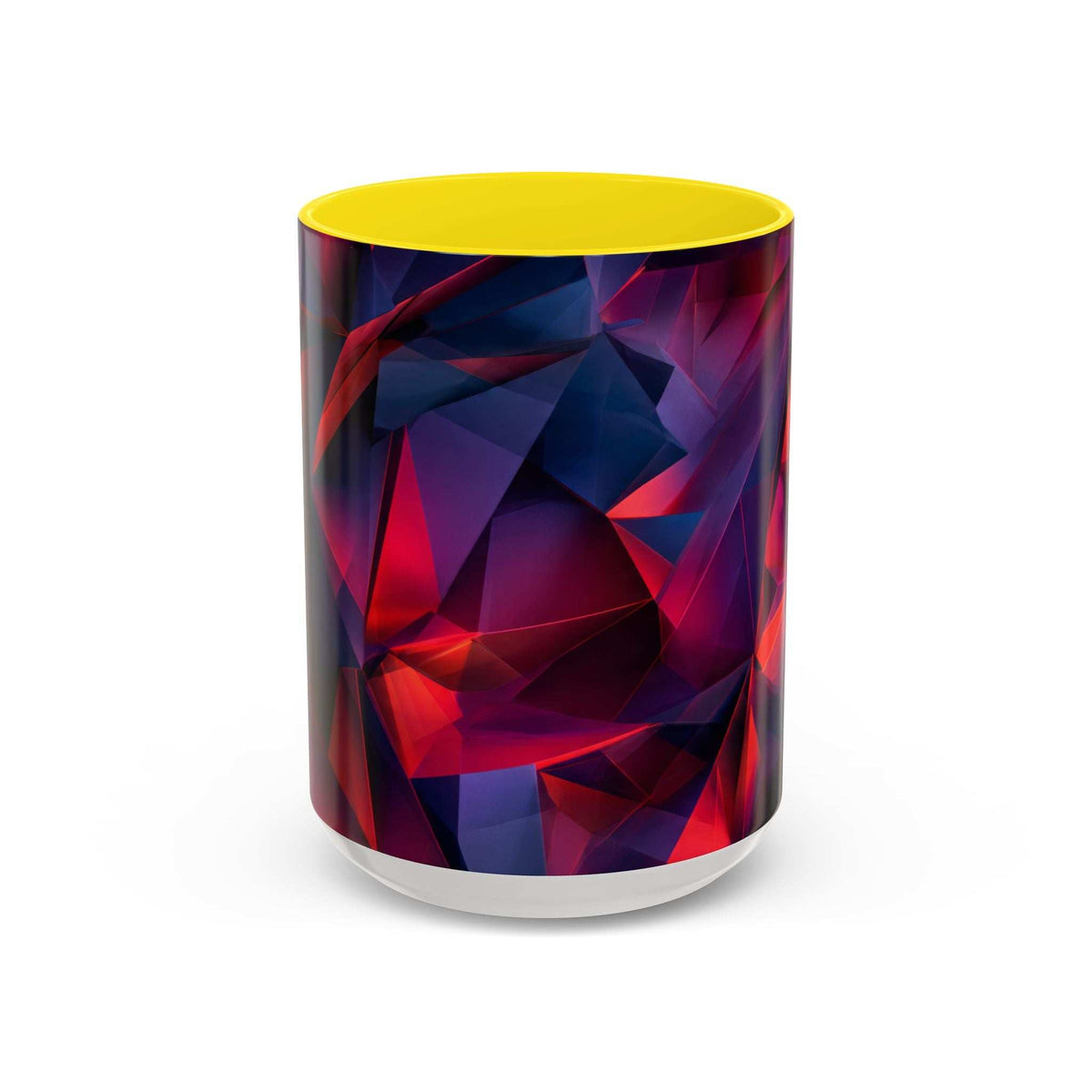 Ceramic mug with geometric red and navy abstract wrap; yellow top and white base ring