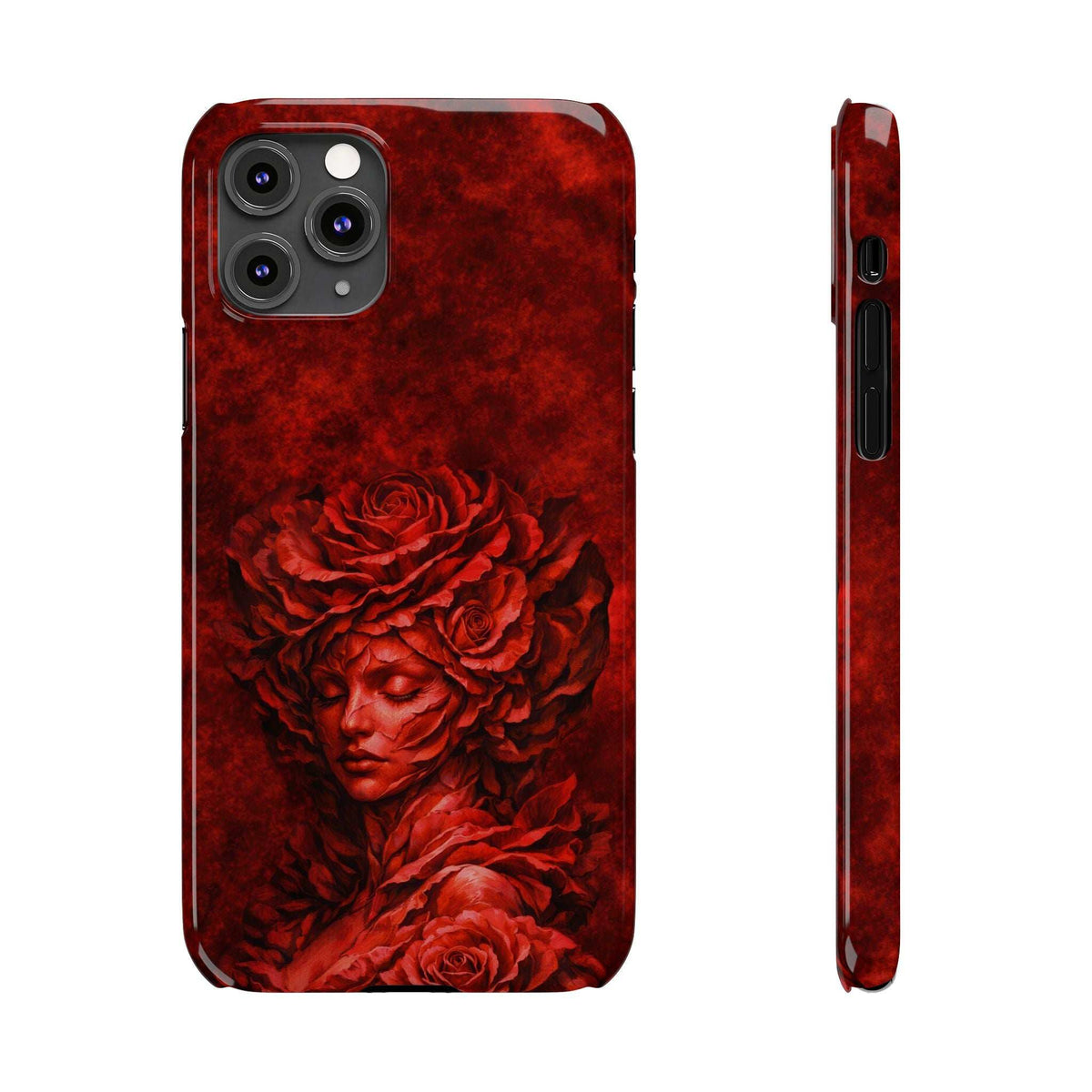 Red slim iPhone case with rose-and-woman face artwork, black camera area and side profile.