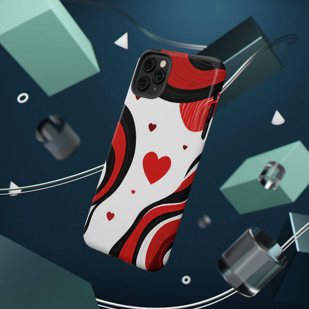 Phone case featuring red hearts and wave shapes with black swirls; triple camera cutouts