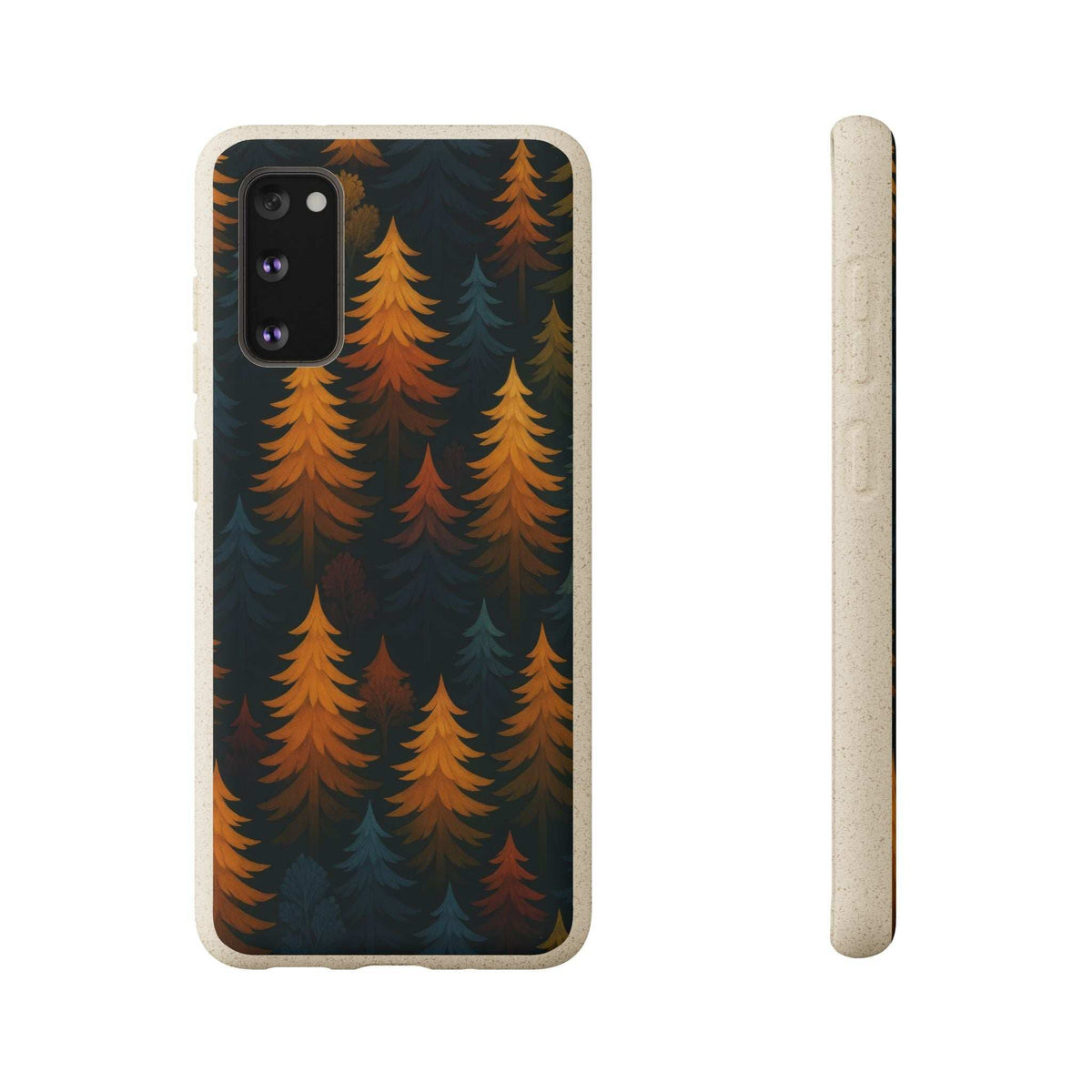 Biodegradable phone case with repeating forest tree silhouettes in orange and teal tones