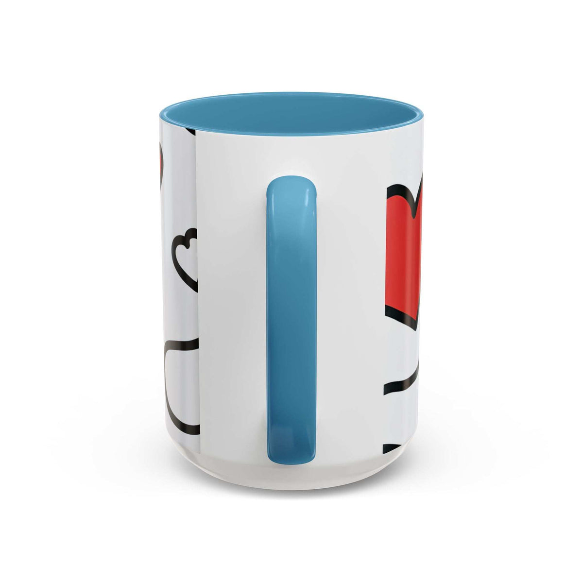 Light blue and white love-themed accent coffee mug with vertical heart letter detail
