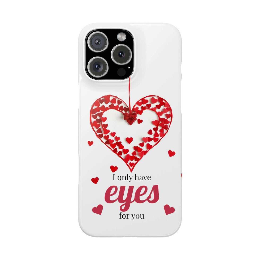 White phone case with red heart graphic and small heart pattern; camera cutouts visible