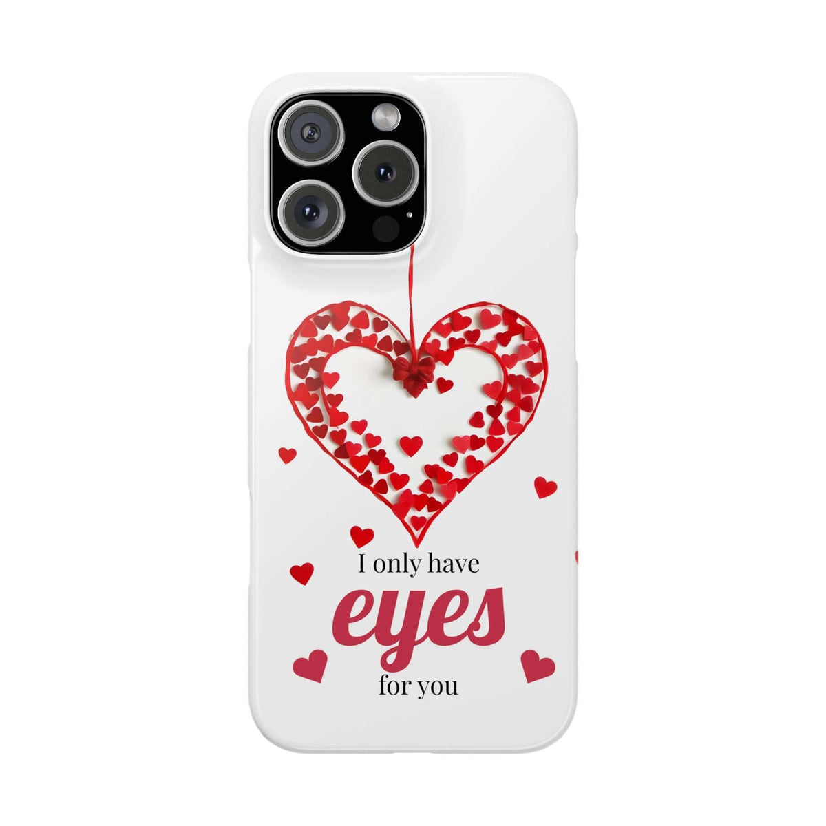 White phone case with red heart graphic, hearts pattern, and text; camera cutouts visible