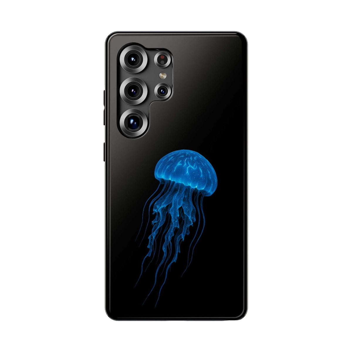 Black phone case featuring a blue jellyfish graphic and multiple camera cutouts