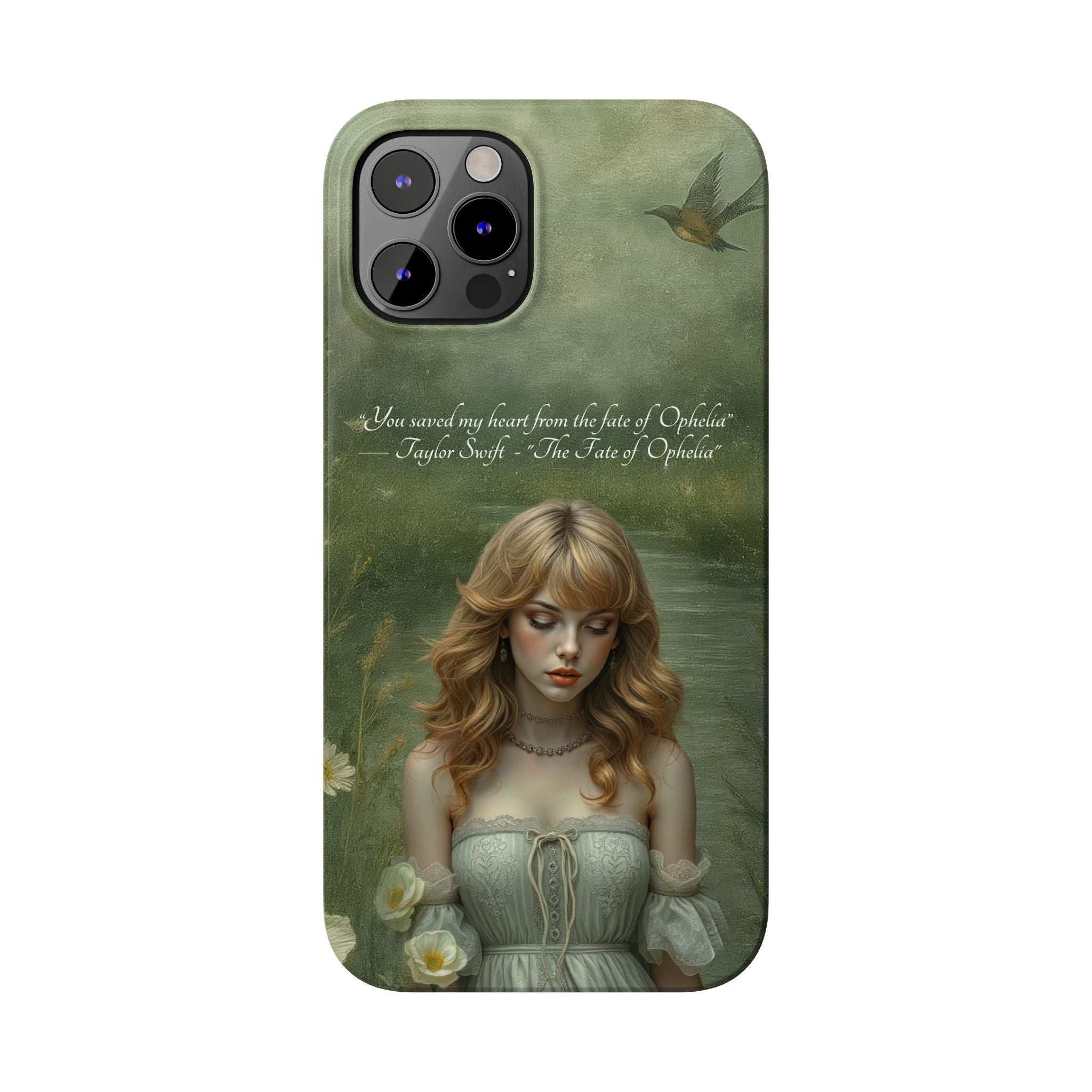 Green phone case with blonde woman artwork and bird motif; raised camera lenses