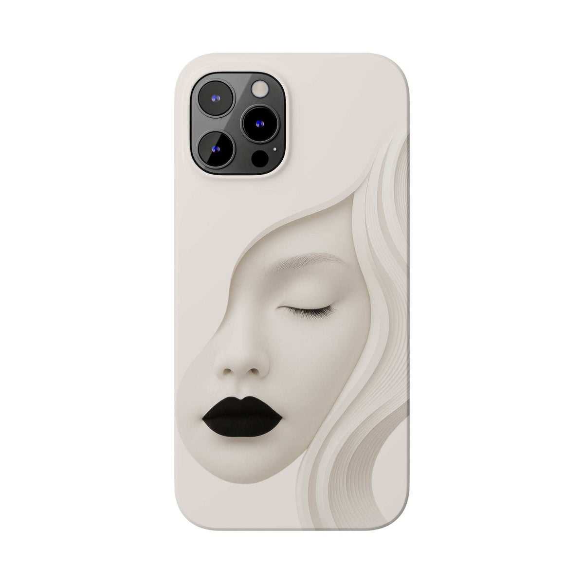 Light beige phone case with minimalist face illustration, closed eyes, and camera cutouts.