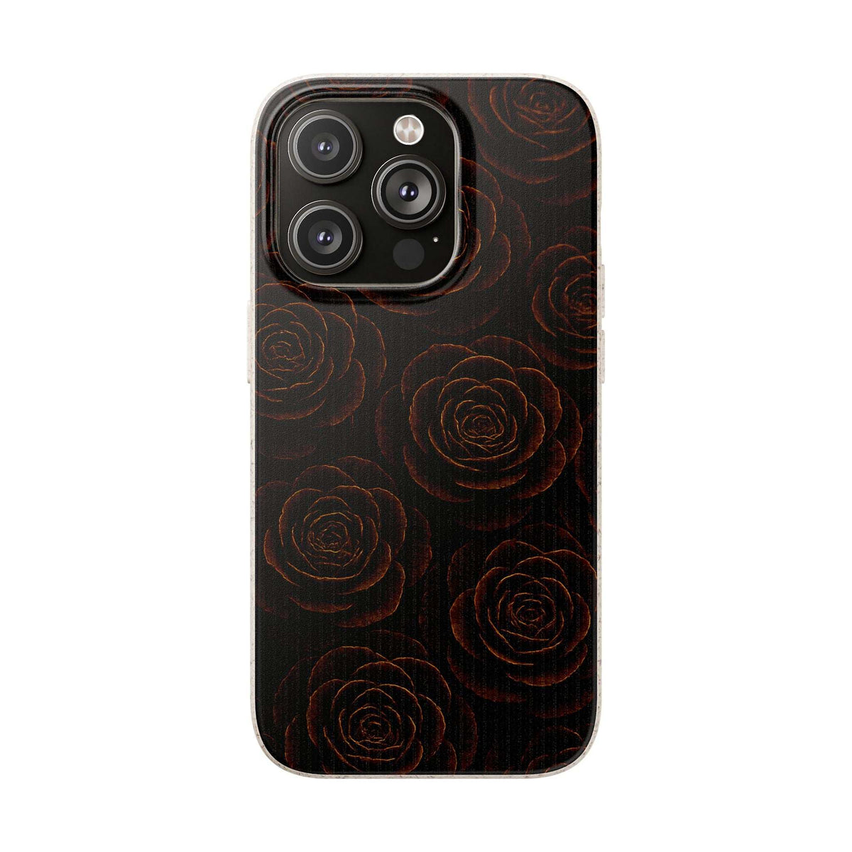 Dark rose motif phone case with camera cutout for multiple lenses; clear protective edge.