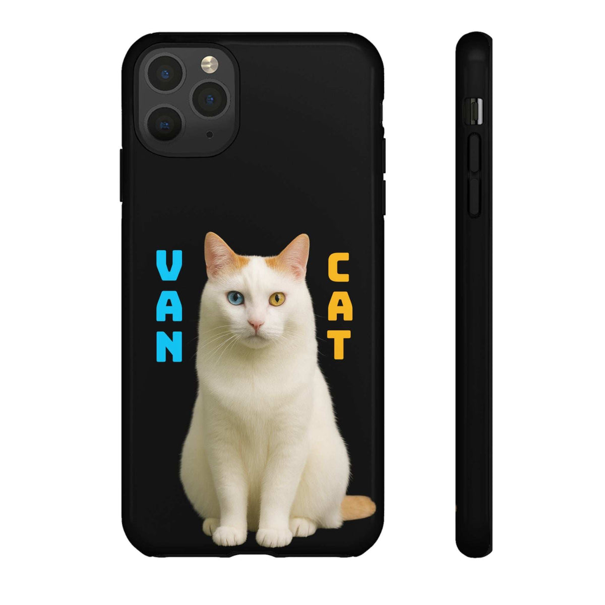 Black phone case with cat portrait design and camera module cutouts