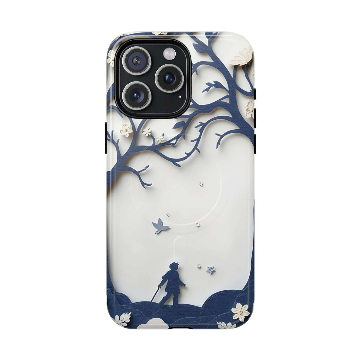 Phone case with blue night sky art, tree branches, bird silhouettes, and lens cutouts