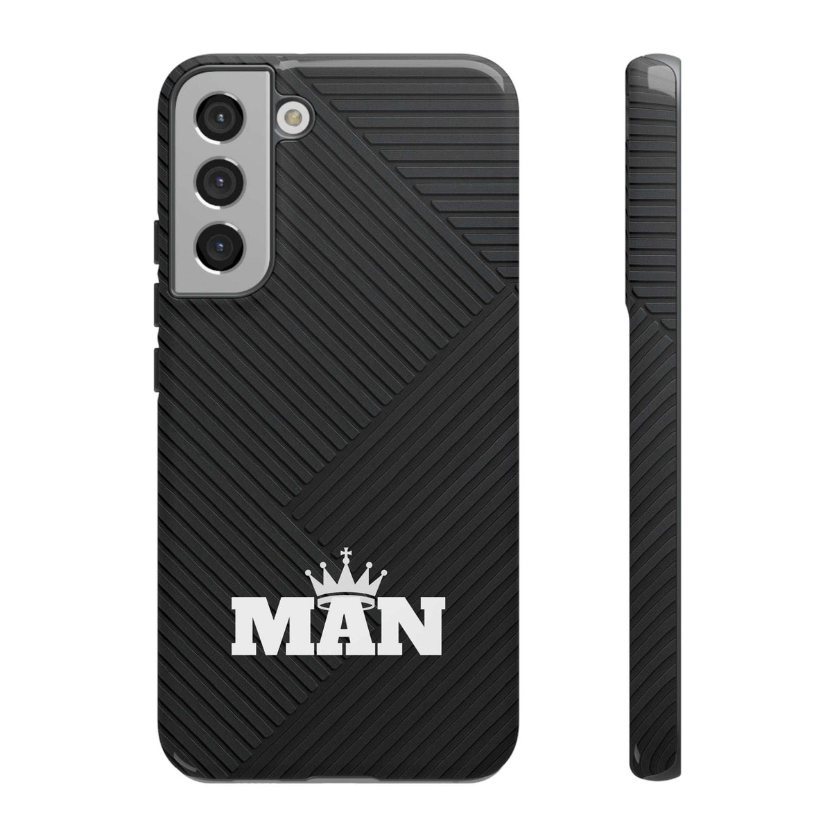 Black phone case with textured back, MAN logo, and camera cutout cluster.