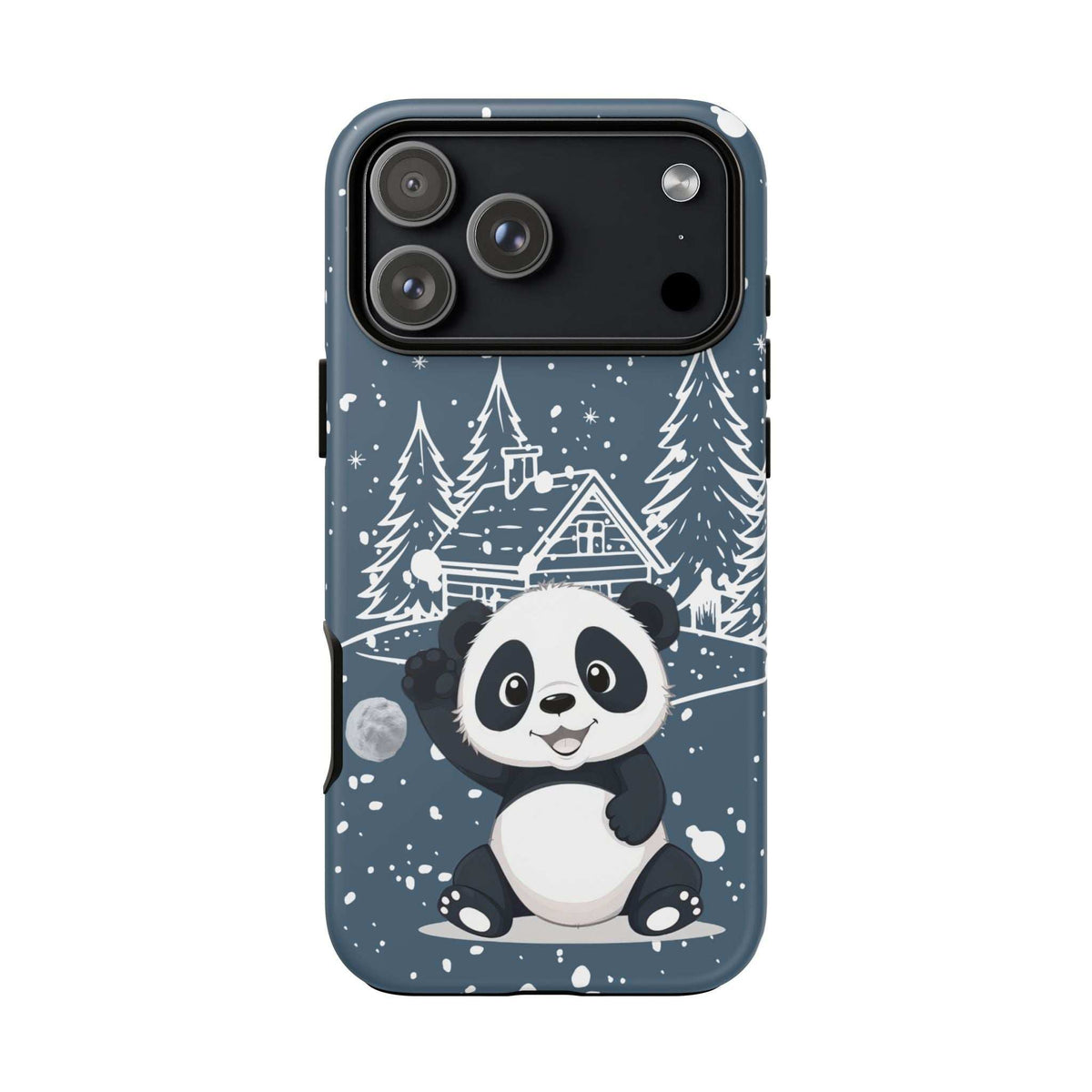 Dark blue iPhone phone case with panda in snowy winter wonderland, camera lens openings