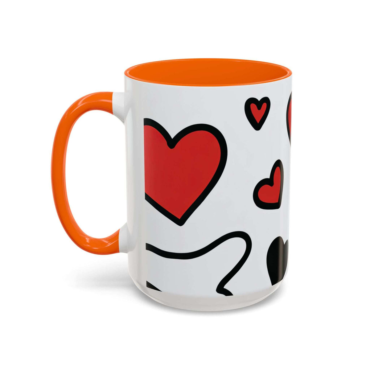 White ceramic mug with orange rim and handle, bold red hearts with black line details