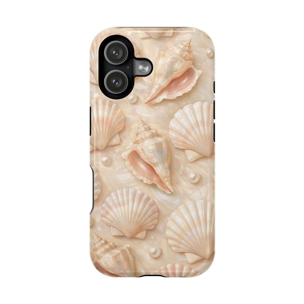 Seashell phone case for iPhone 13–17 with beige shell pattern and horizontal camera bar cutout