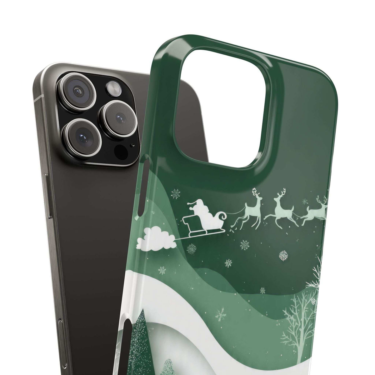 Green evergreen phone case with large cutout, sleigh and reindeer graphic and pine trees.