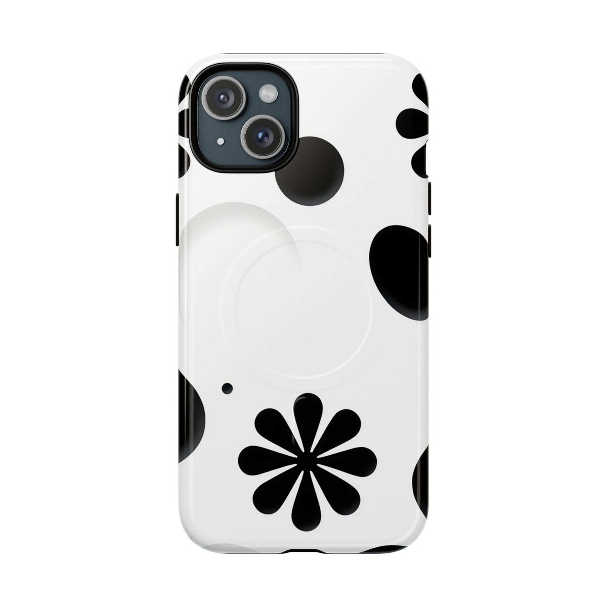 White phone case with black flower and dot pattern, open camera cutout