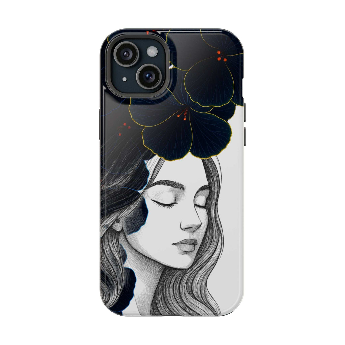 Dark floral phone case showing a side-profile woman illustration with flower accents
