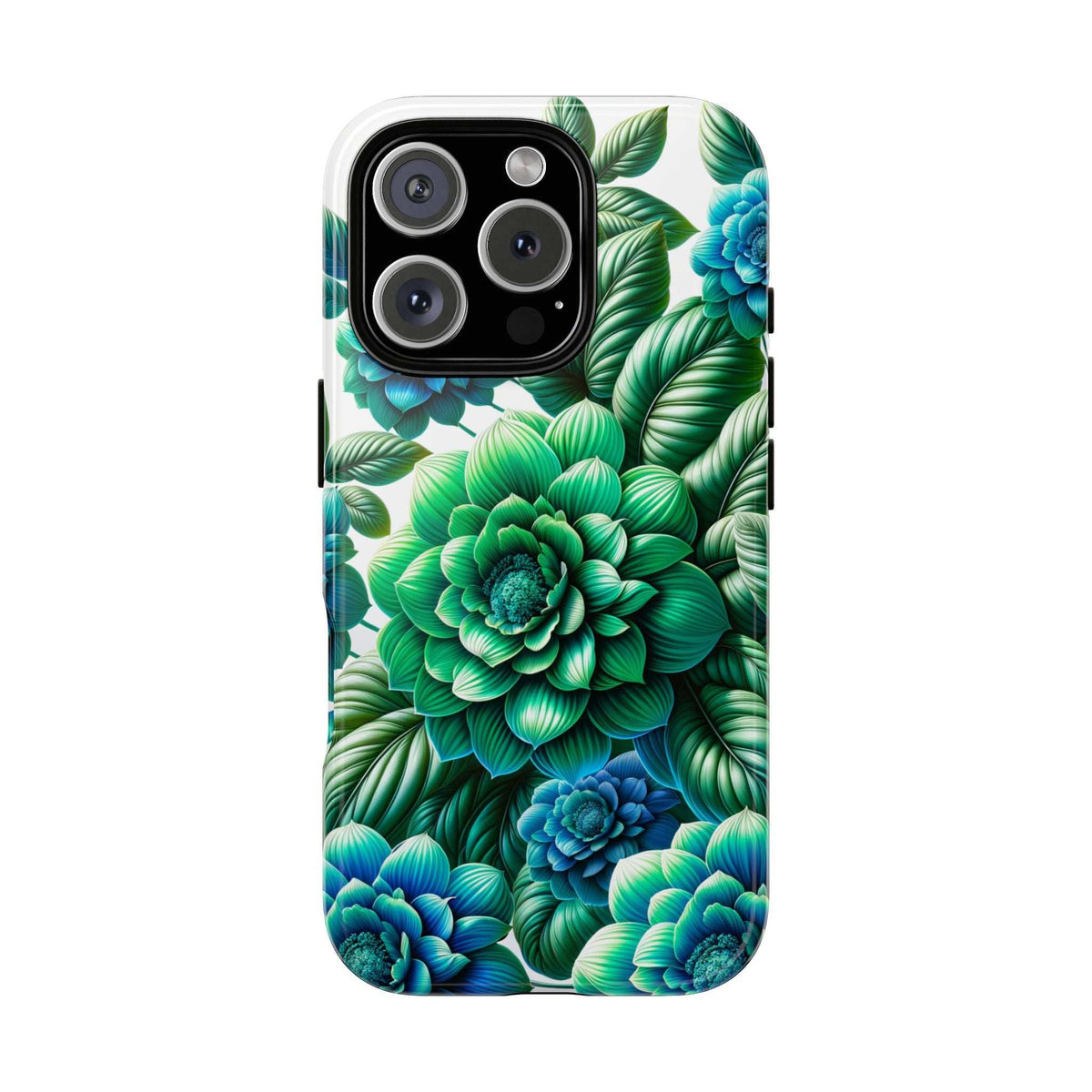 Green and blue floral phone case with prominent camera module cutout openings