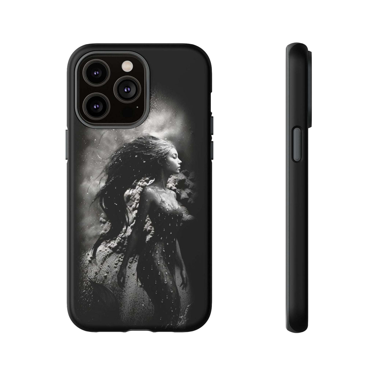 Black phone case with monochrome mermaid silhouette, slim side profile with button cutouts