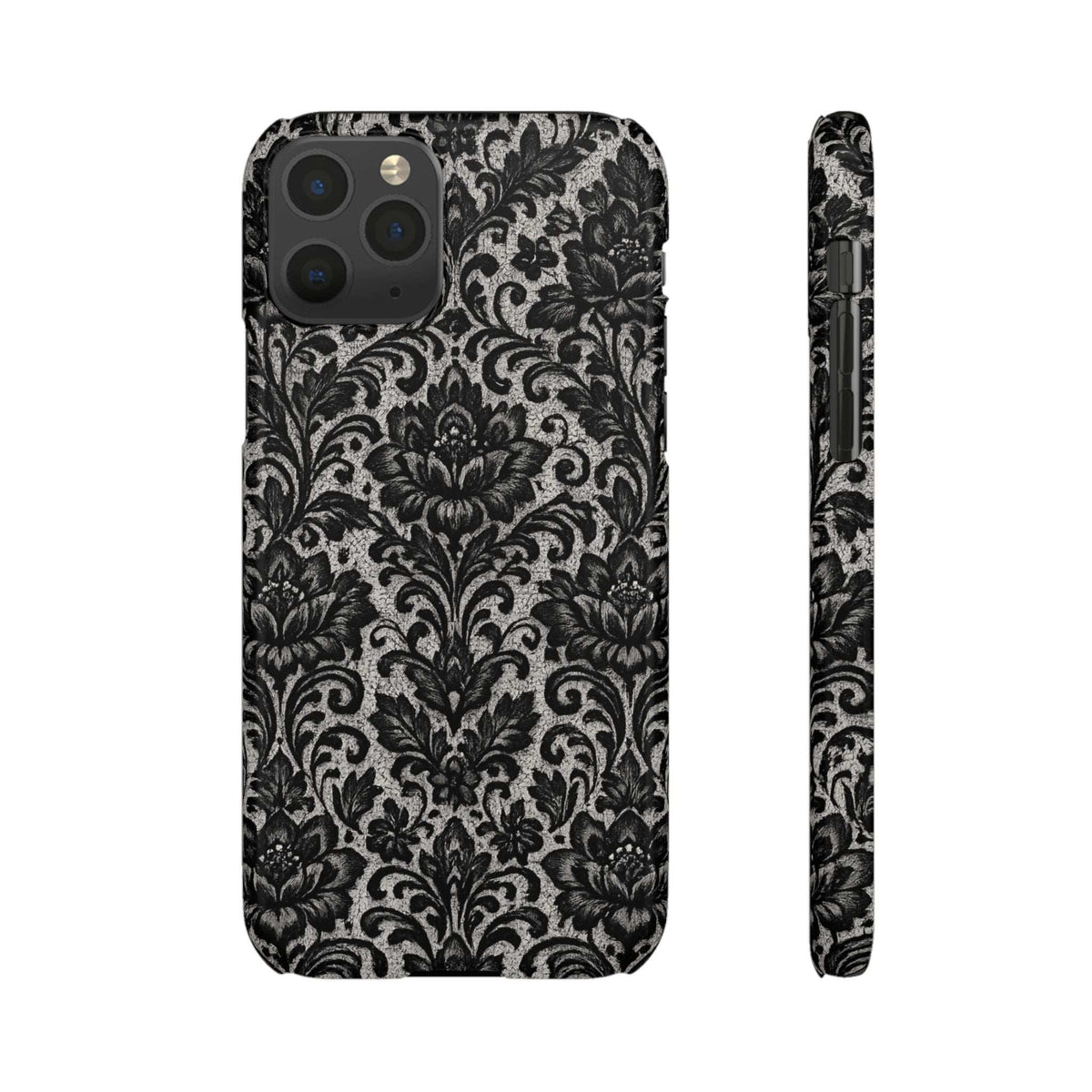 Damask floral phone case with camera lens openings, black and gray intricate damask print