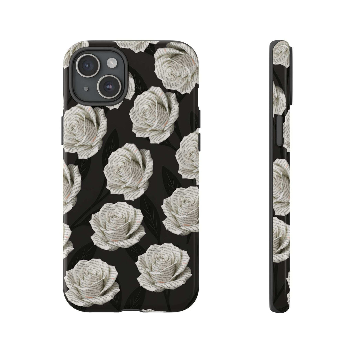 Phone case, black with white rose pattern, quad camera cutout and side button cutouts