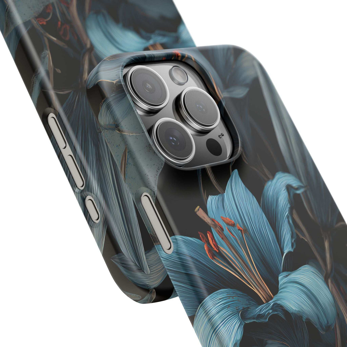 Phone case with blue lily floral design, raised camera cutouts and side buttons