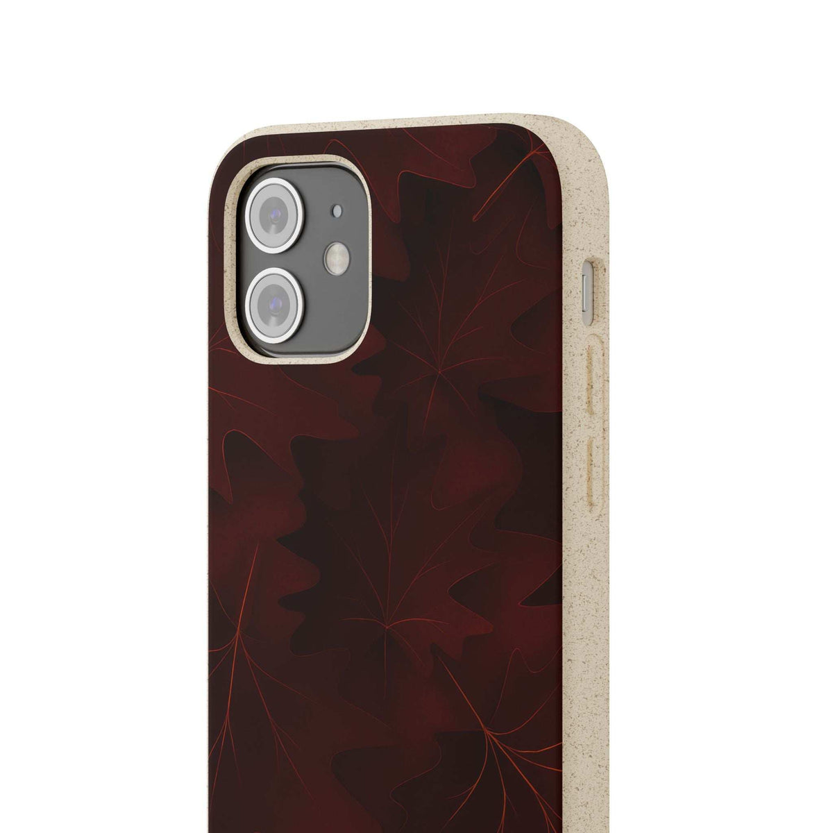 Burgundy autumn leaf phone case with dual camera cutouts and beige protective edge