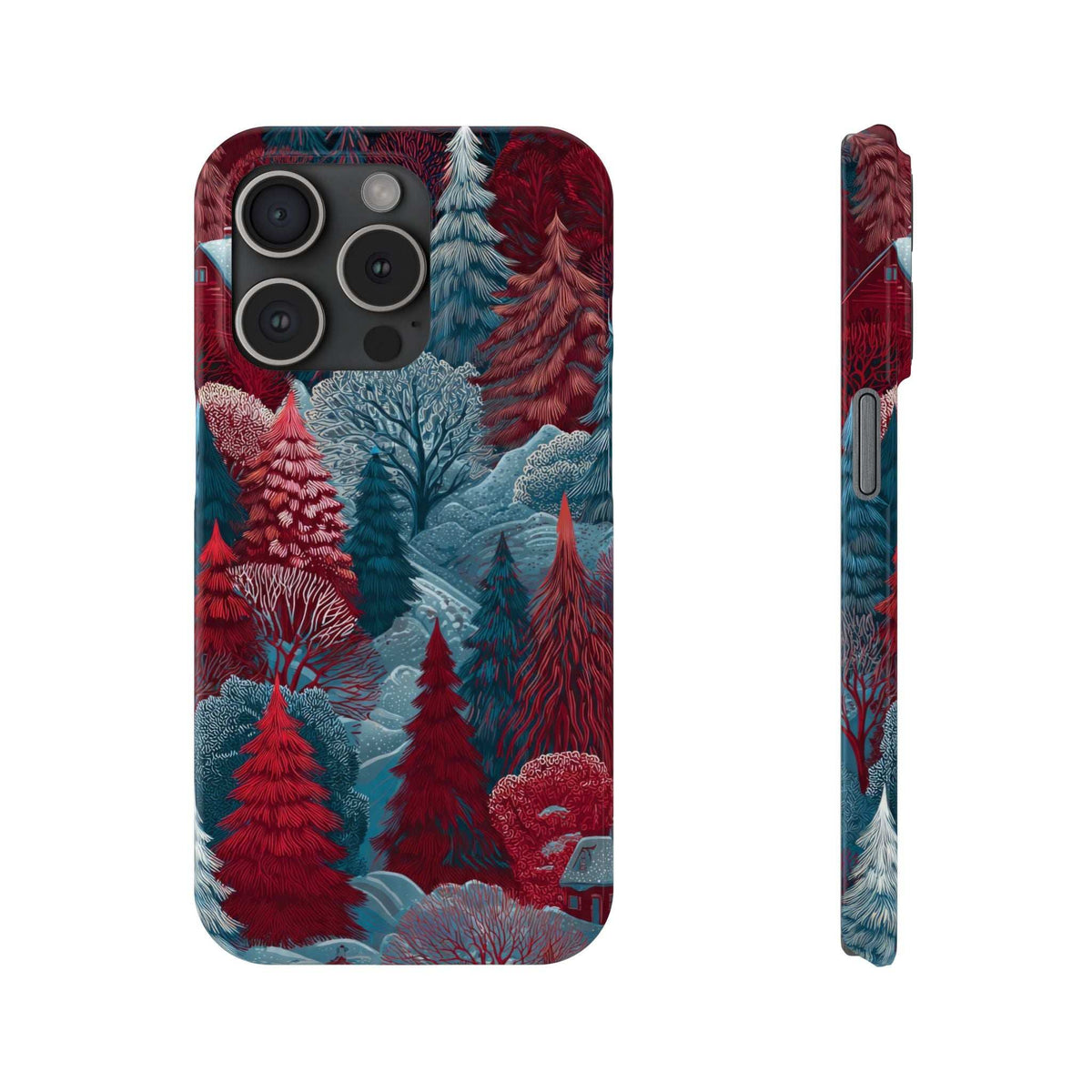 Phone case back with red and blue pine forest print; camera lenses and cutouts