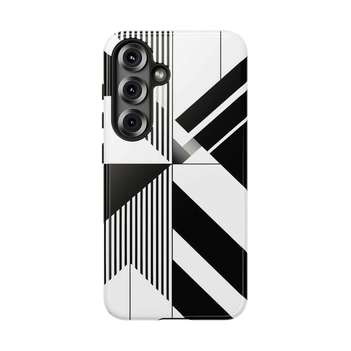 Tough phone case with black-and-white geometric stripes and camera cutouts.