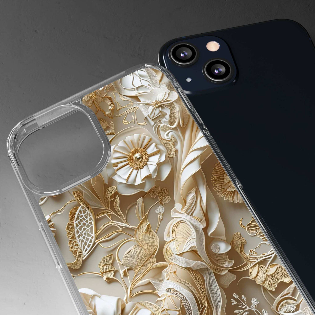 Clear phone case with beige floral 3D design and raised lens cover