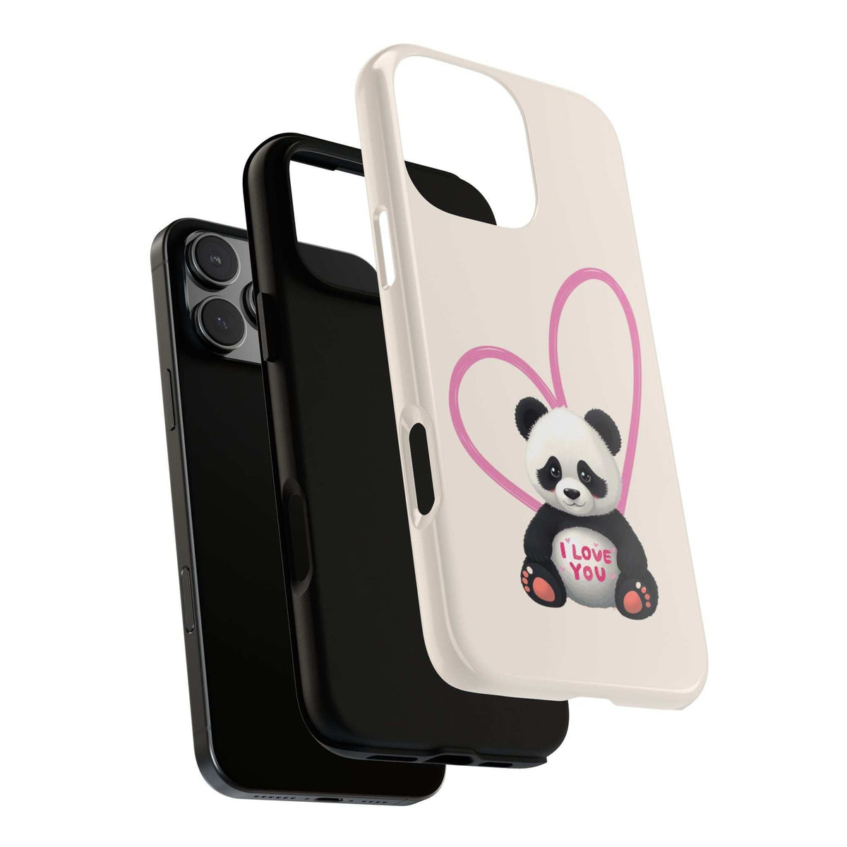 Cream iPhone phone case with panda-heart “I love you” design, angled back view with side buttons