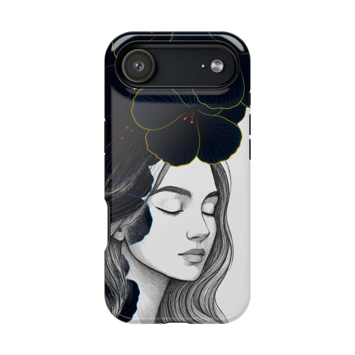 Phone case with woman portrait art, blue flower, and top camera cutout openings