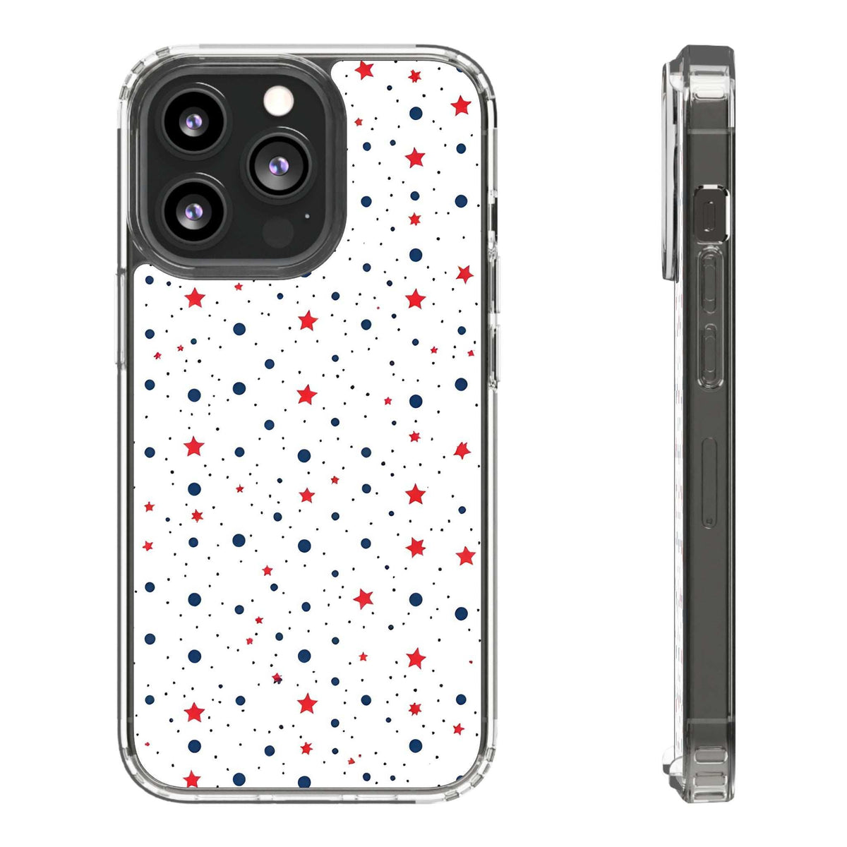 Clear phone case with red stars and blue dots on white; back view with side edge