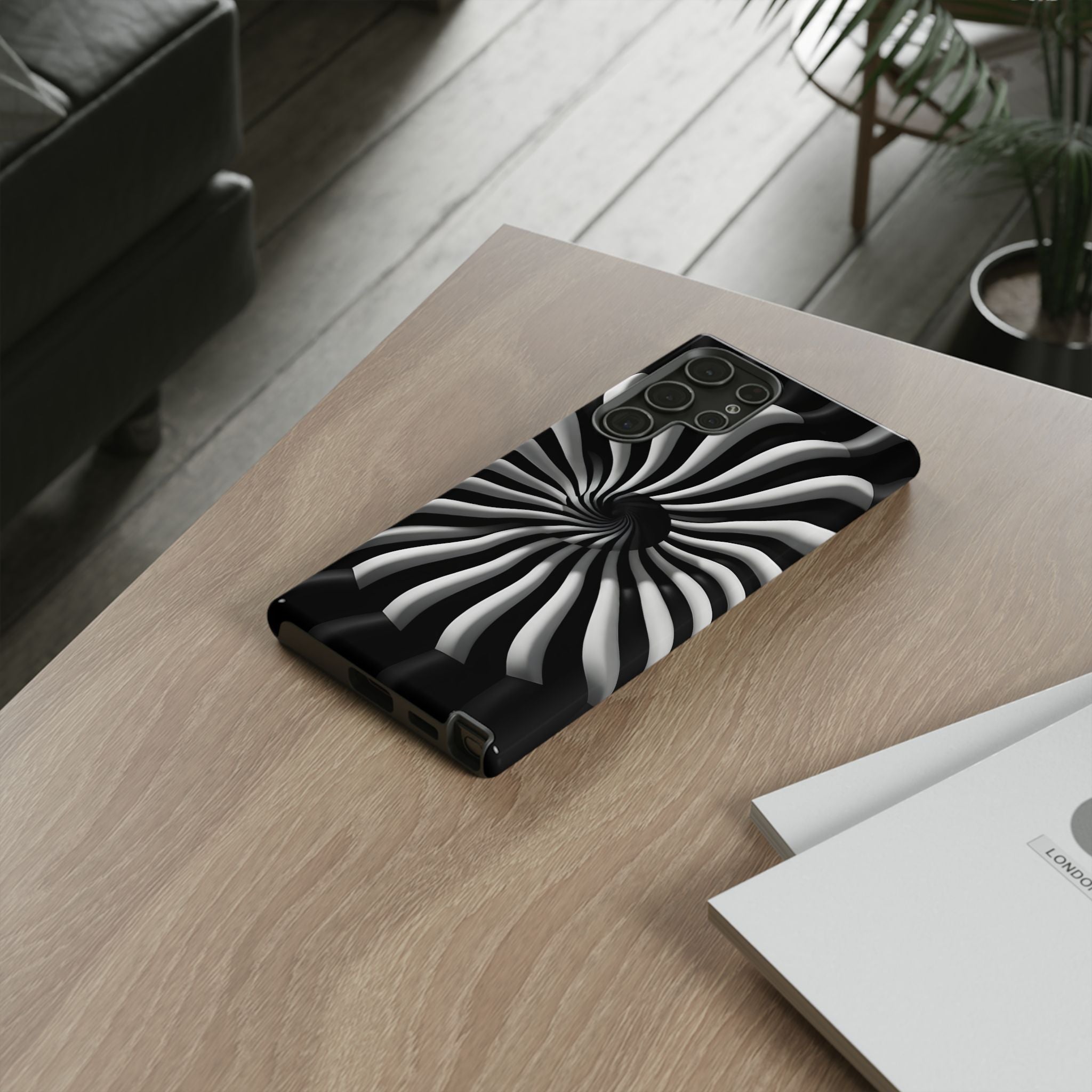 Hypnotic Black and White Spiral Phone Case – Optical Illusion Design for iPhone & Galaxy