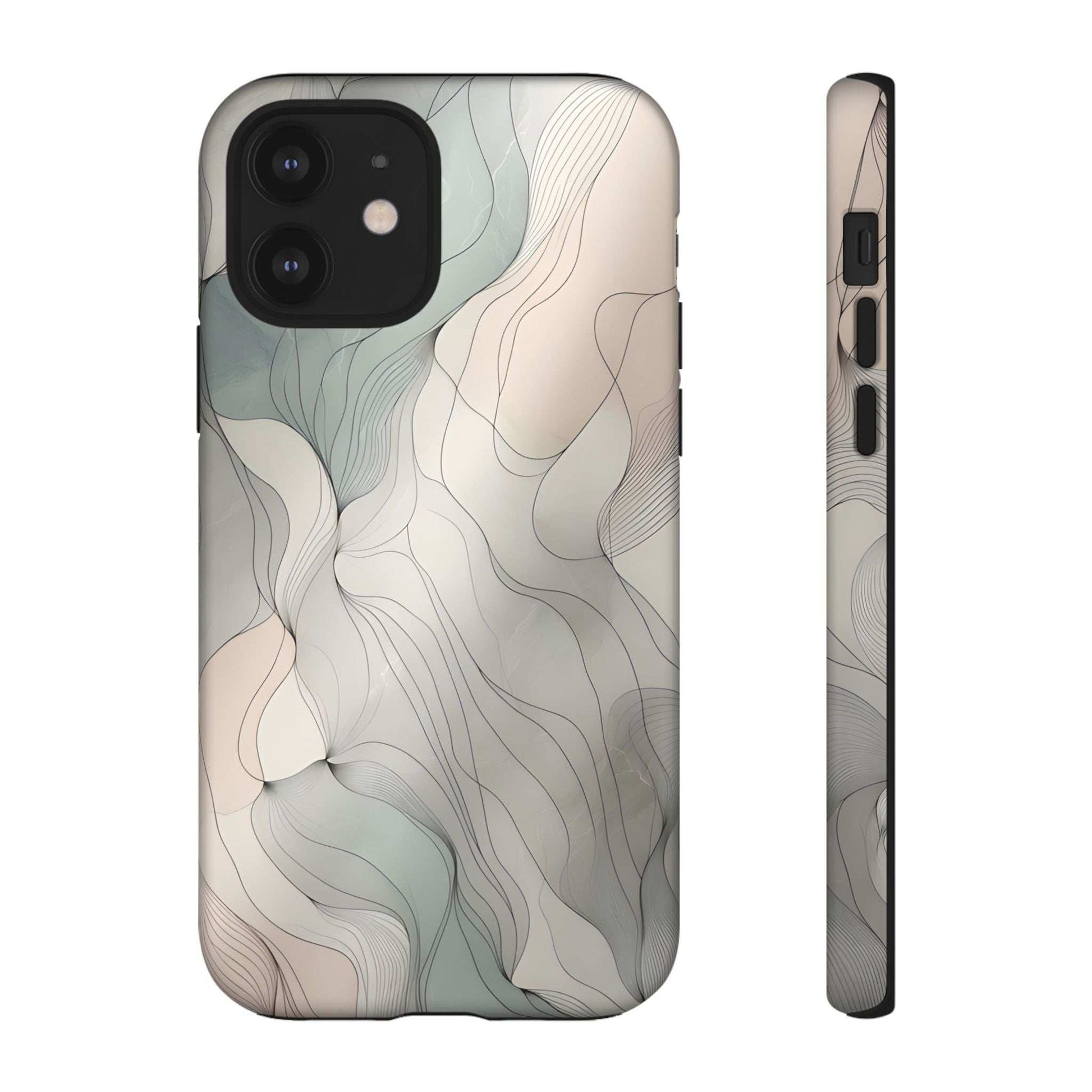 Phone case with pastel wave design, light beige and teal lines, raised camera area and cutouts.