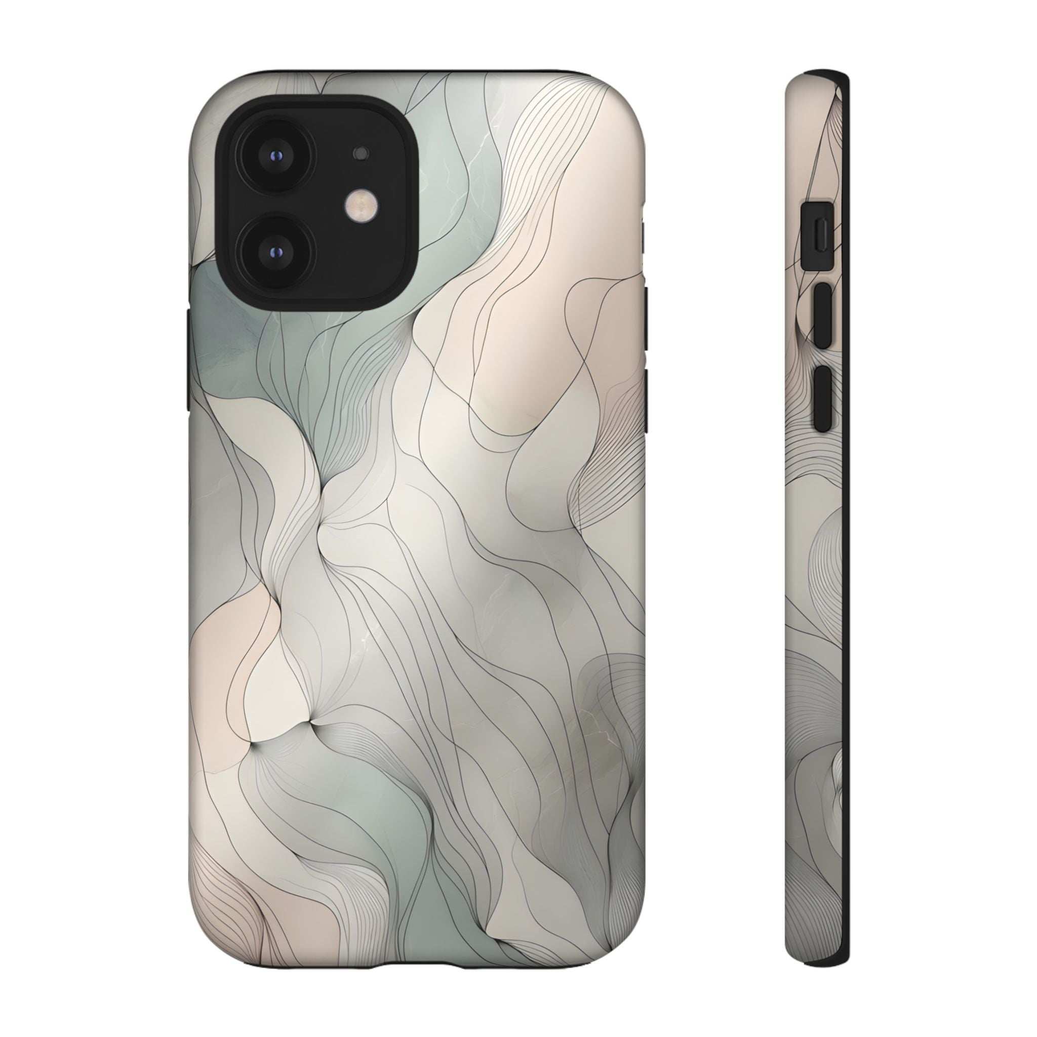 Phone case with pastel wave design, light beige and teal lines, raised camera area and cutouts.