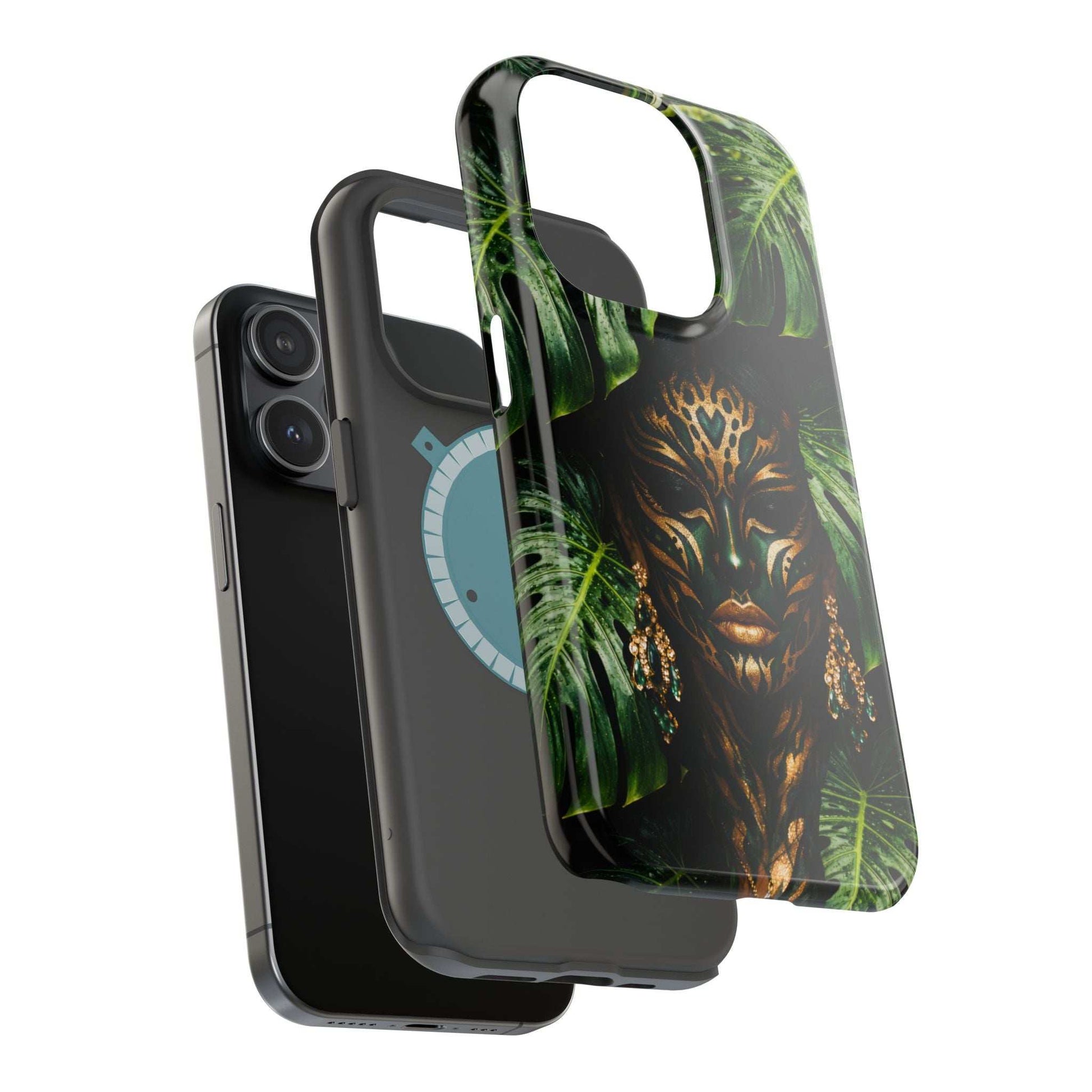 Jungle spirit phone case for iPhone 13-17 with raised cutout, showing gold face and green foliage.