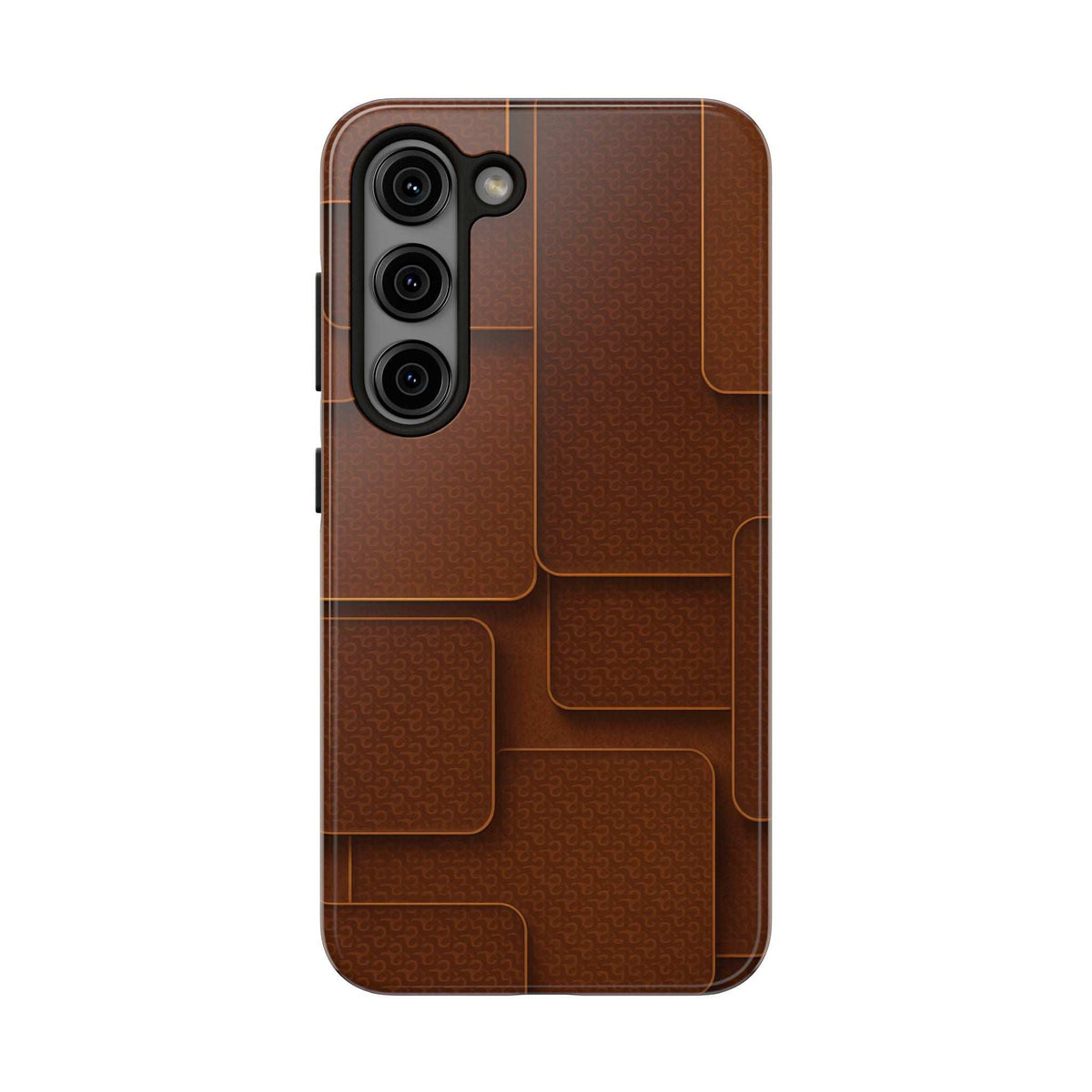 Textured brown phone case with embossed squares pattern and triple camera opening