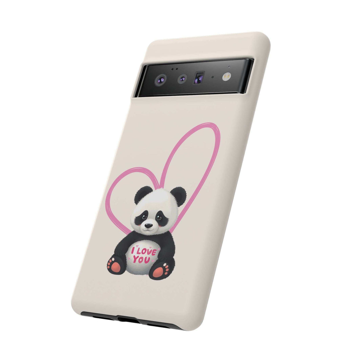 Beige phone case front view with panda holding heart, pink heart outline and cutouts