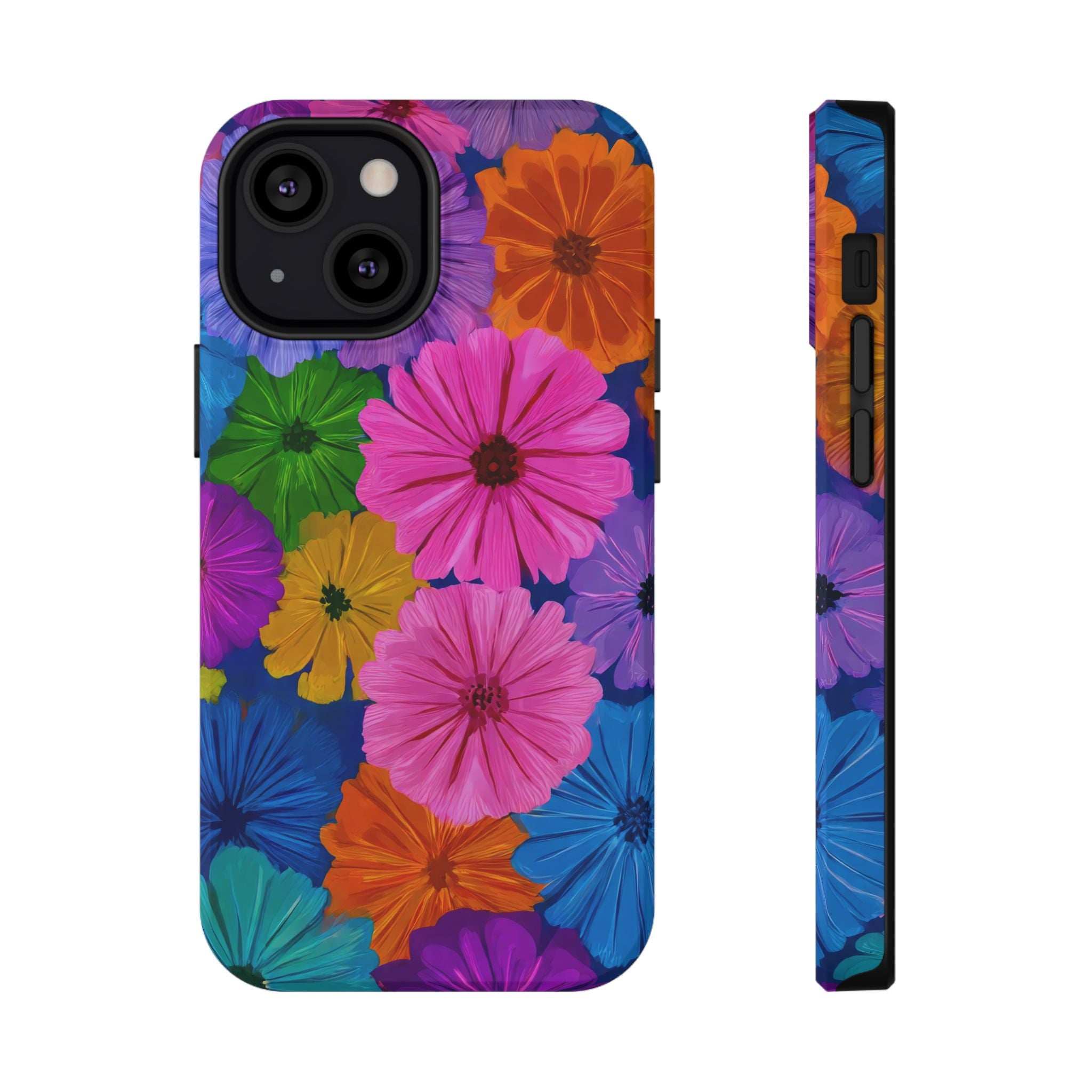 Multicolor flower phone case with camera cutouts, side profile with port and button areas