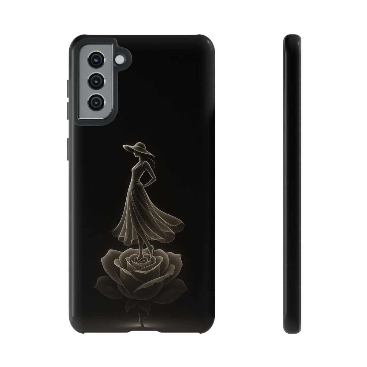 Glossy black phone case back with floral dancer design and long side button edge