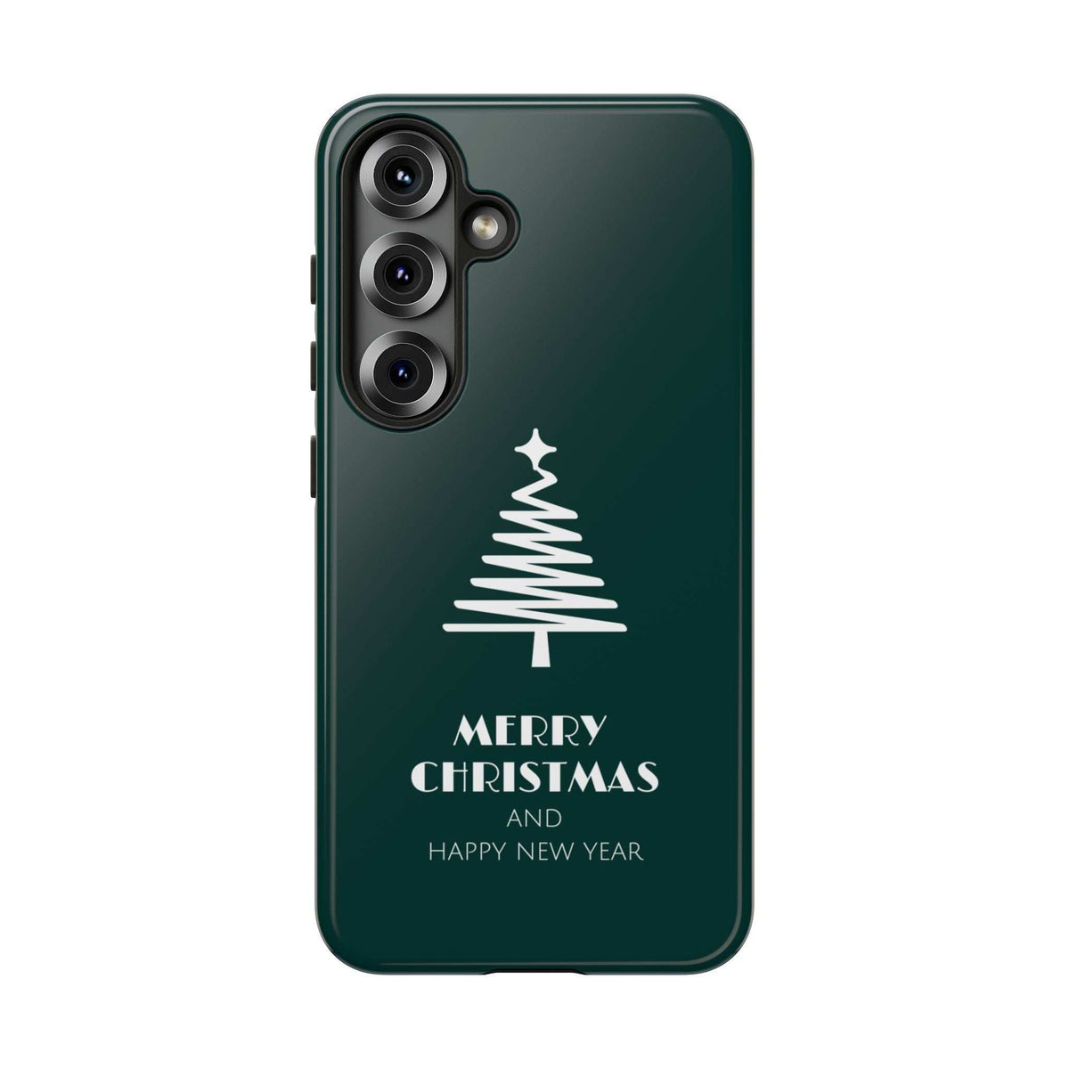 Green phone case featuring a Christmas tree with Merry Christmas and Happy New Year