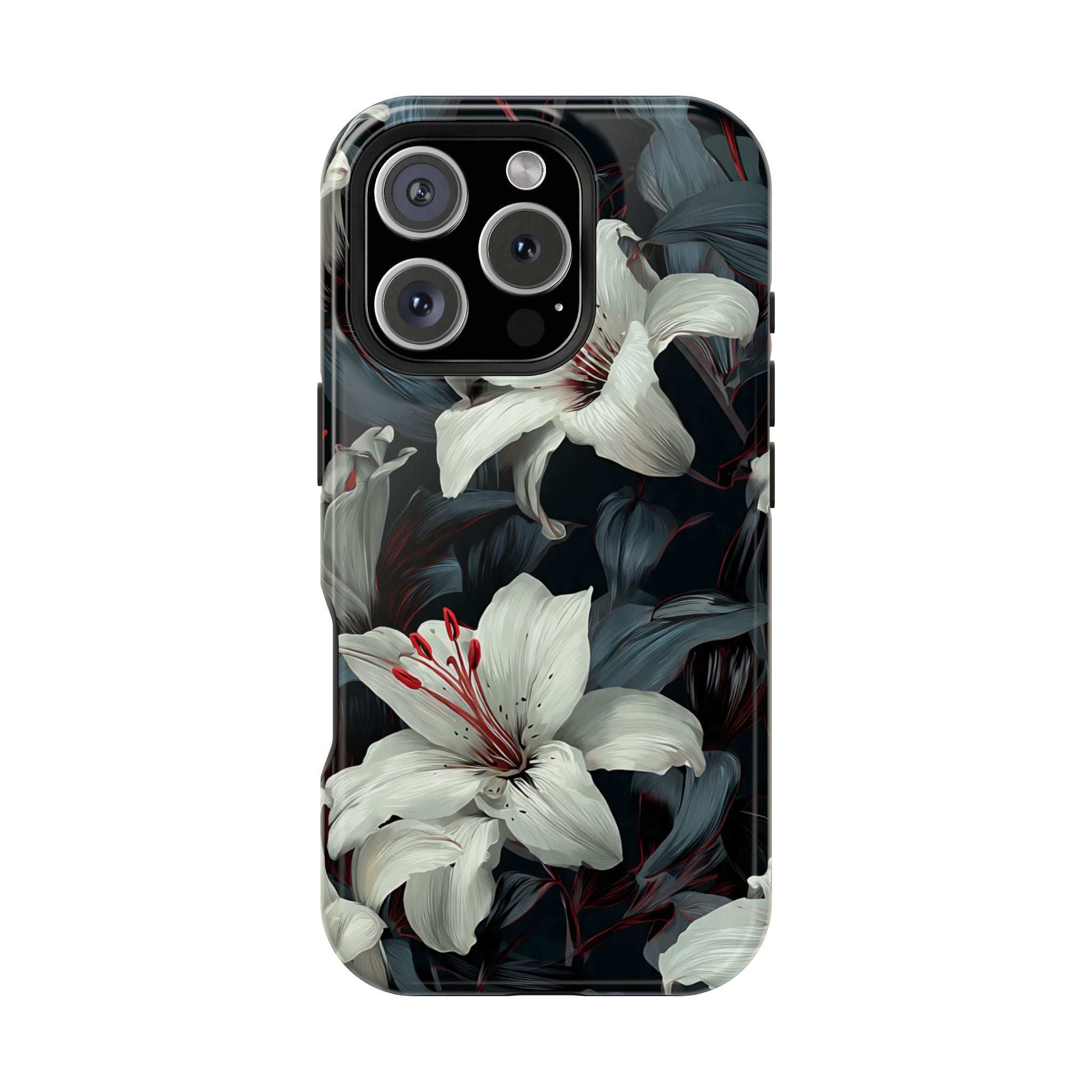 iPhone 13-17 floral phone case, white lily print over dark leaves and black camera panel